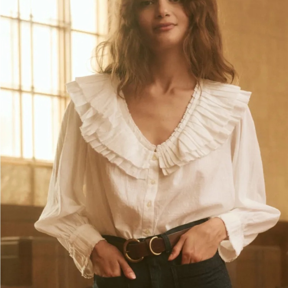 THE GREAT. White Ruffled Blouse